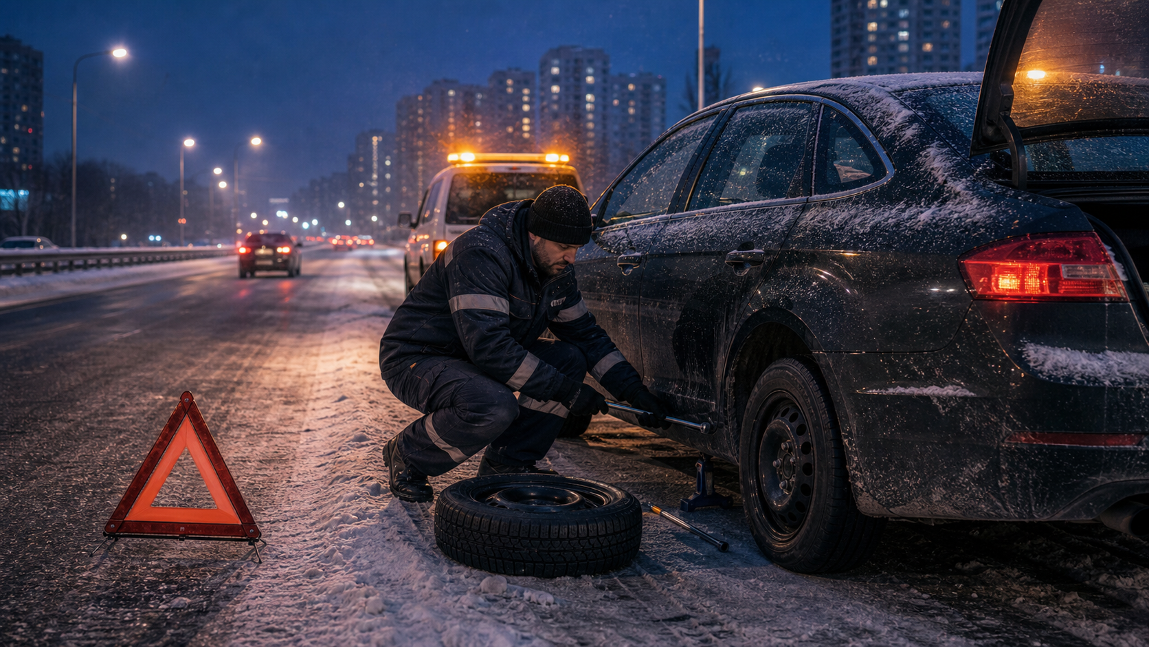 Выездная помощь с колесом автомобиля и крепежом